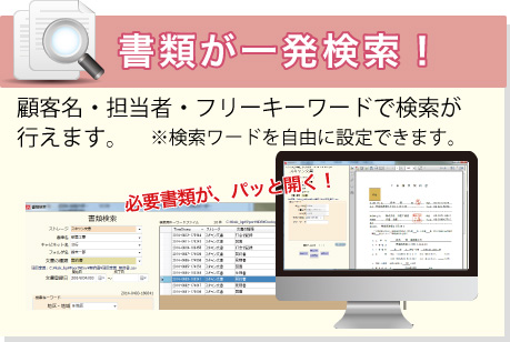 書類が一発検索！<br>顧客名・工事区分・担当者・フリーキーワードで検索が行えます。