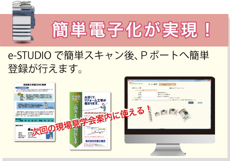 簡単電子化が実現！<br>e-STUDIOで簡単スキャン後、Ｐポートバインダへ簡単登録が行えます。